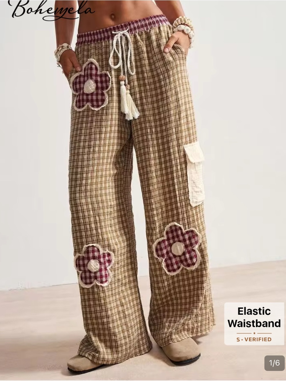 Shein Bohemian Brown Floral Embroidered Wide Leg Pants patchwork NWT sz large